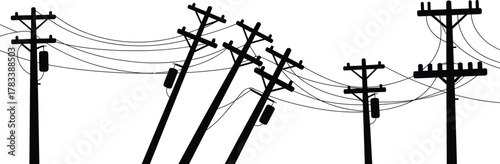 Utility poles silhouette leaning with power lines, electrical infrastructure damage illustration, energy distribution failure concept, industrial electricity grid tension,