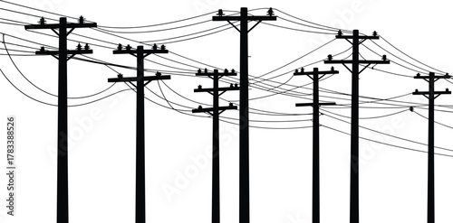 Utility poles silhouette, electric power lines illustration, infrastructure energy concept, urban rural electricity network, industrial transmission drawing, blue wire perspective, distribution grid 