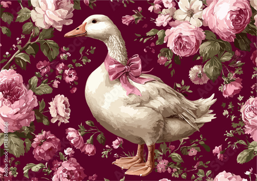 장미꽃 패턴 배경에 리본을 맨 귀여운 거위 벡터 일러스트레이션