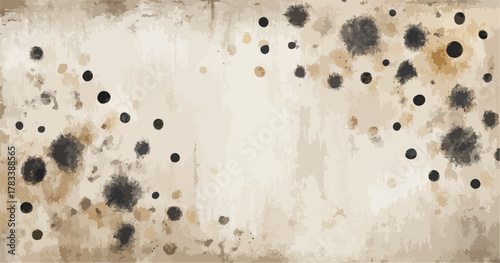 빈티지 질감의 낡은 종이 위에 번진 잉크 얼룩과 점들이 독특한 배경을 이룹니다