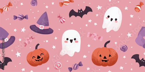 귀여운 할로윈 테마의 일러스트로 호박 유령 박쥐 모자 사탕 별 패턴