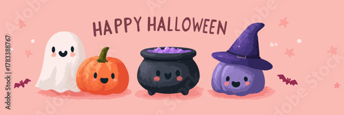 귀여운 유령 호박 마녀 가마솥이 함께하는 즐거운 할로윈 축제 벡터 이미지