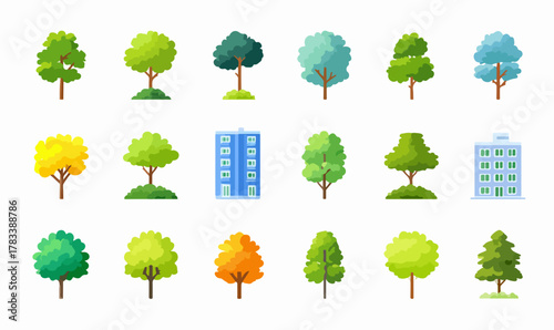 다양한 종류의 픽셀 아트 나무와 건물 아이콘 모음