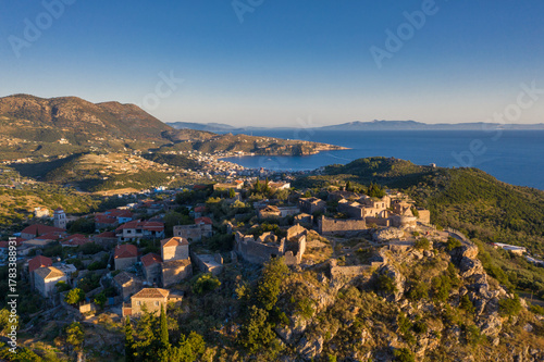 Aerial view of the hilltop old town of Himare in Albania
