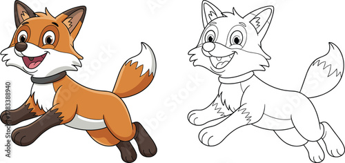 Jumping Cartoon Fox Vector Illustration, Happy Wild Animal Character, Cute Dog, Mascot, Coloring Page, Isolated on White Background