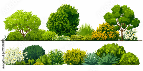 다양한 수목과 관목으로 구성된 아름다운 정원의 벡터 일러스트레이션