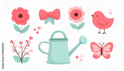 화사한 봄날의 정원 가꾸기 요소를 담은 귀여운 벡터 일러스트 세트