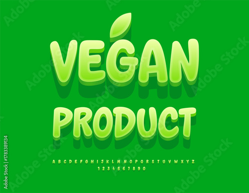 Vector Eco template Vegan Product. Unique Green 3D Font. Simple Rounded Alphabet Letters and Numbers set.