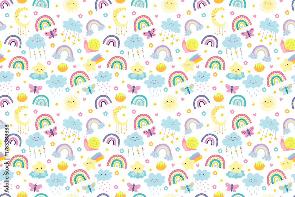 Obraz premium Summer cute seamless pattern. Childrens cartoon ornament. Clouds, sun, butterflies, snail and stars. For textiles, packaging, wallpapers, backgrounds or websites. Flat vector design. Environment.