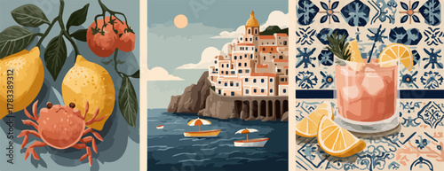지중해의 매혹적인 여름 분위기를 담은 다채로운 벡터 일러스트레이션으로, 신선한 레몬과 해산물, 아름다운 해안 마을 풍경, 그리고 시원한 칵테일이 어우러져 활기찬 휴가 느낌을 선사합니다.