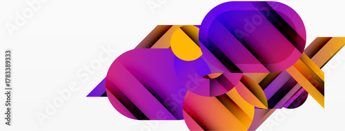 Abstract shapes overlap, creating vibrant color gradients. Purple, orange, yellow hues dominate composition. Modern design element.