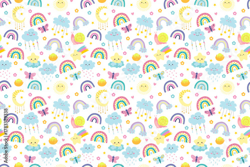 Summer cute seamless pattern. Childrens cartoon ornament. Clouds, sun, butterflies, snail and stars. For textiles, packaging, wallpapers, backgrounds or websites. Flat vector design. Environment.