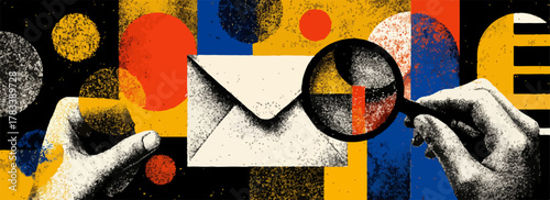 다채로운 기하학적 배경 위에서 돋보기를 통해 편지 봉투 속 숨겨진 정보를 탐색하는 손의 모습을 현대적으로 표현한 창의적인 벡터 그래픽 디자인.