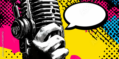 화려한 팝아트 배경에 복고풍 마이크와 말풍선이 어우러져 음악, 소통, 방송의 활기찬 에너지를 표현하는 그래픽 디자인입니다.