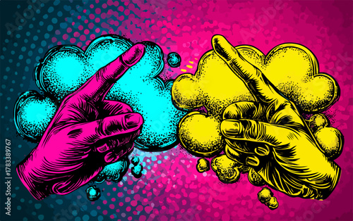 생생한 대비를 이루는 마젠타와 노란색 손이 구름 모양의 말풍선 위에서 동시에 무엇인가를 가리키며, 중요한 선택과 명확한 방향 제시를 상징하는 현대적인 벡터 아트워크.