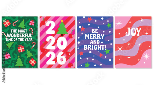 Festive Holiday Card Set – “The Most Wonderful Time,” “2026,” “Be Merry and Bright,” and “JOY” on Colorful Backgrounds with Christmas Trees, Stars, and Snowflakes – Seasonal Printable for Celebration