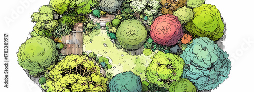 다채로운 색상의 나무와 식물들이 어우러진 아름다운 정원의 조감도 벡터 일러스트레이션은, 자연의 평화로움과 현대적인 조경 디자인의 미학을 섬세하게 담아냈습니다.