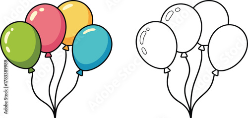 Colorful Cartoon Party Balloons Vector Illustration, Birthday Decoration, Celebration, Kids Event, Helium Balloons Isolated on White Background