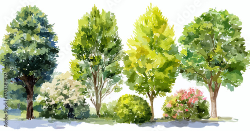 생동감 넘치는 녹색 식물들이 조화롭게 배열된 수채화 벡터 그림은 자연의 아름다움을 강조하며, 다양한 디자인 프로젝트에 활용될 수 있는 그래픽 자원입니다.