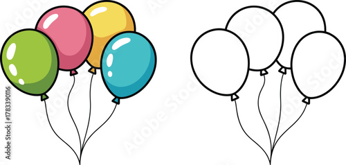 Cute Cartoon Style Colorful Party Balloons Vector Illustration, Celebration, Birthday Decoration, Fun, Happiness, Isolated on White Background