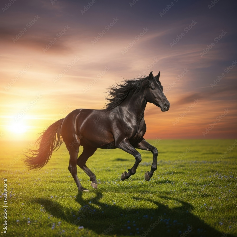 Obraz premium Majestic black horse running across a green field at beautiful sunset.