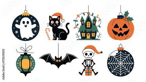 Spooky Ornaments Set: A collection of charming, cartoonish ornaments perfect for any Halloween or spooky holiday celebration. Each features unique festive elements.