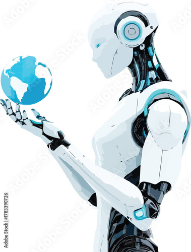PrintFuturistic humanoid robot holding Earth globe with white-blue accents and advanced mechanical design