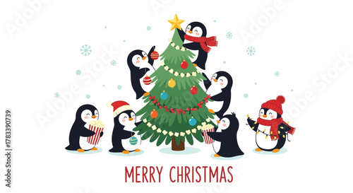 Cute penguins happily decorating a christmas tree with ornaments and popcorn while snow falls