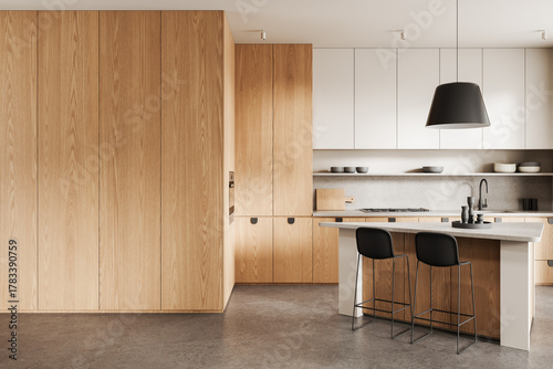 Modern minimalist kitchen interior with wooden cabinets, neutral tones, and island seating concept in clean contemporary design style. 3D Rendering