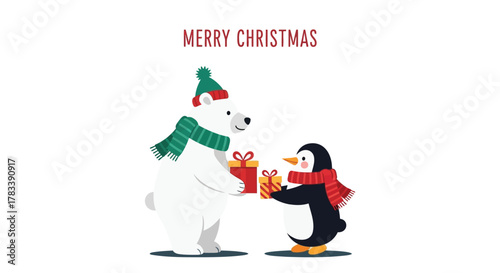 Cute polar bear and penguin exchanging christmas gifts wearing festive scarves and hats with merry christmas text