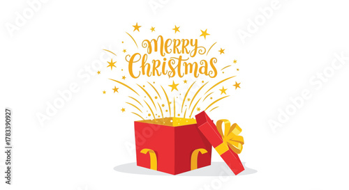 Open red gift box with yellow ribbon releasing golden fireworks and stars with merry christmas text