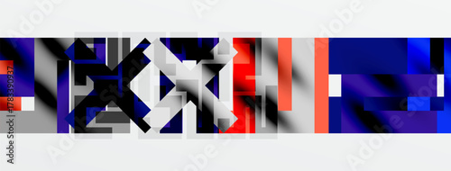 Abstract geometric composition. Rectangles, squares blend, creating dynamic visual texture. Red, blue, white dominate palette.