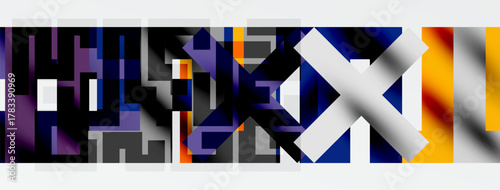 Abstract geometric composition. Rectangles, squares, lines create complex pattern. Purple, blue, orange hues dominate design.
