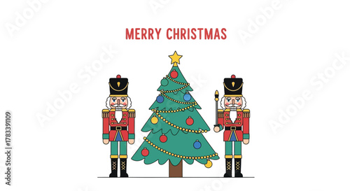 Two traditional nutcracker soldiers guarding a decorated christmas tree with merry christmas text above