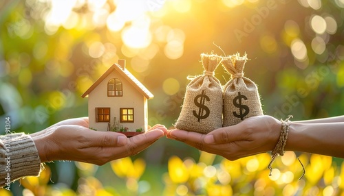 Conceptual image of property investment with house model and money bags in hands