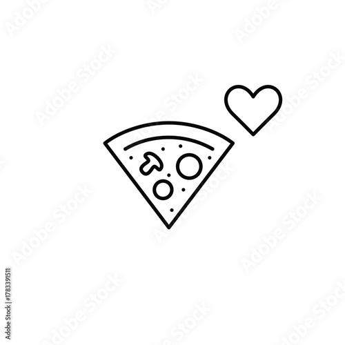 Pizza slice and heart. Great taste, comfort food and unhealthy dinner. Pixel perfect, editable stroke vector icon