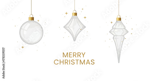 Elegant merry christmas greeting card with clear glass ornaments and sparkling gold confetti on a white background