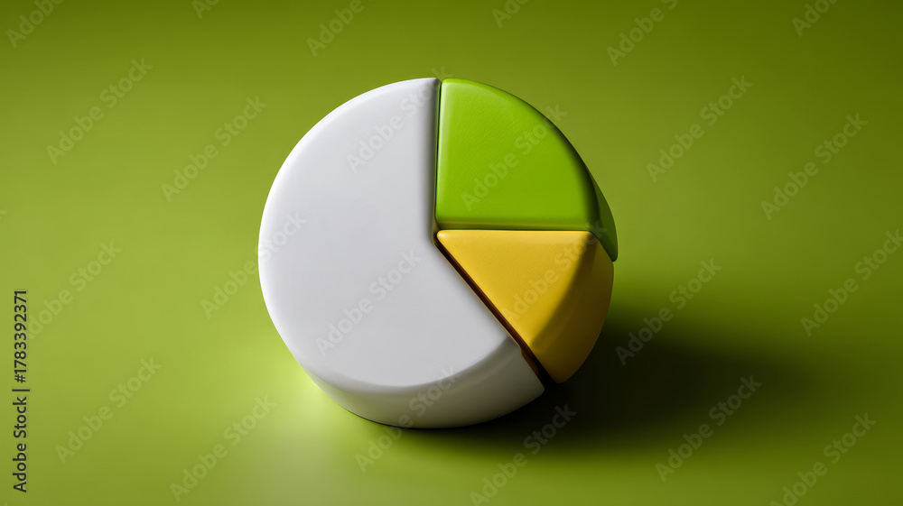 Obraz premium 3D pie chart with green and yellow segments on a mild green background.