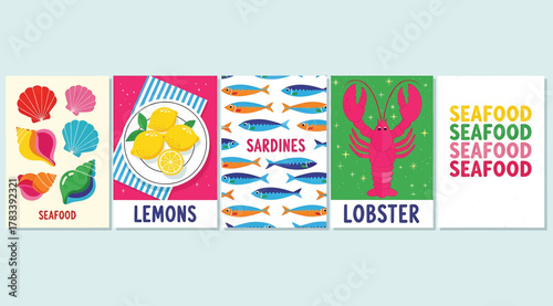 A vibrant collection of five distinct illustrations celebrating seafood, featuring colorful seashells, zesty lemons, a pattern of sardines, a bold lobster graphic, and repeating text