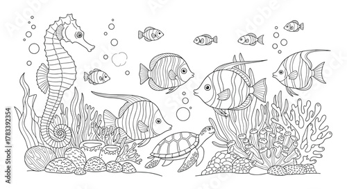 A detailed line art coloring page illustrating a vibrant underwater ocean scene filled with various marine animals and coral reefs.