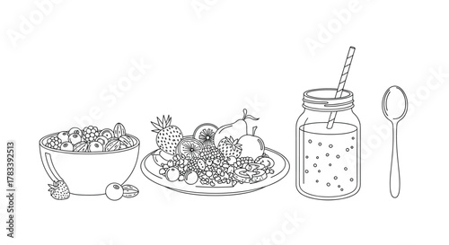 Line art illustration of a healthy breakfast spread with a fruit and granola bowl, a fresh fruit platter, and a refreshing smoothie in a mason jar.