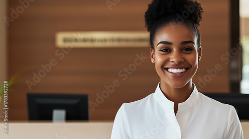 Smiling receptionist at her desk, ready to greet and assist visitors.  She exudes professionalism and warmth, creating a positive first impression in any office setting.