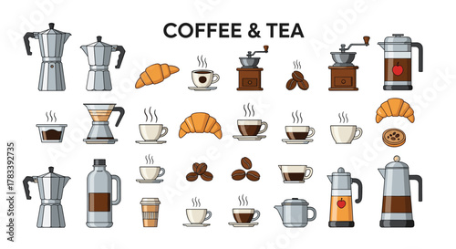 Vector illustration featuring a variety of coffee and tea items, from brewing tools and hot drinks to delicious pastries and coffee beans.