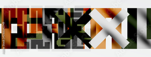 Abstract geometric composition. Rectangles intersect, creating complex patterns. Warm, muted colors dominate design. Minimalist aesthetic.