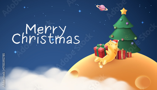 Cute Cat sitting near Christmas tree on moon with Merry Christmas text and gift boxes illustration. Christmas Vector Illustration 