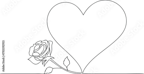 Single line drawing of a rose next to a heart flower