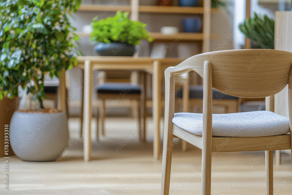 Fototapeta premium Scandinavian living room featuring wooden chair with soft cushion, surrounded by greenery and cozy atmosphere