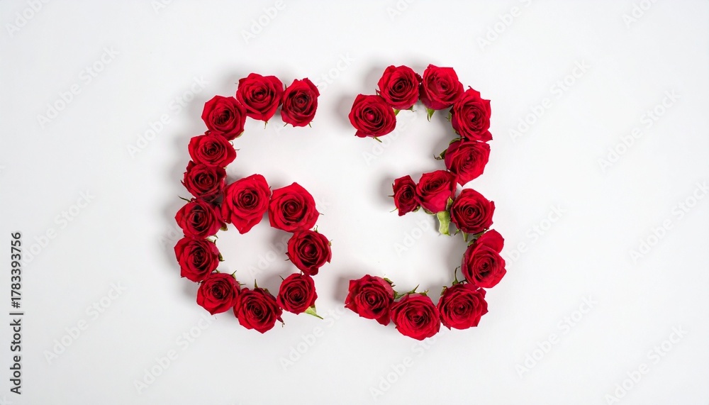 Obraz premium Number 63 made out of red roses with white background. Photo for birthday or anniversary party