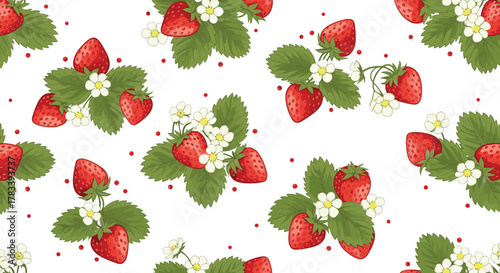 Seamless pattern of fresh, ripe red strawberries with green leaves and white flowers, interspersed with tiny red dots on a pristine white background.