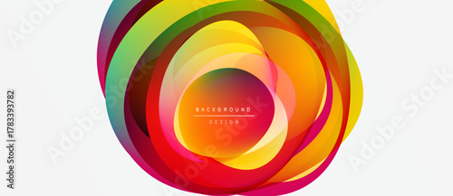 Abstract colorful layers create dynamic circular design. Vibrant hues blend, forming modern background element. Text reads background design.